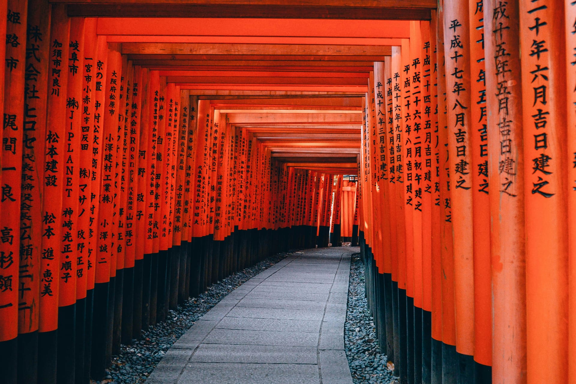 A pathway lined with thousands of bright vermilion torii gates at the Fushimi Inari Shrine in Kyoto.