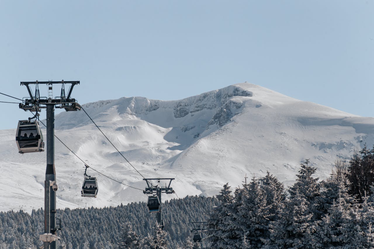 Ski lifts carrying passengers up a snowy mountain slope with pine trees and a white peak in the background.