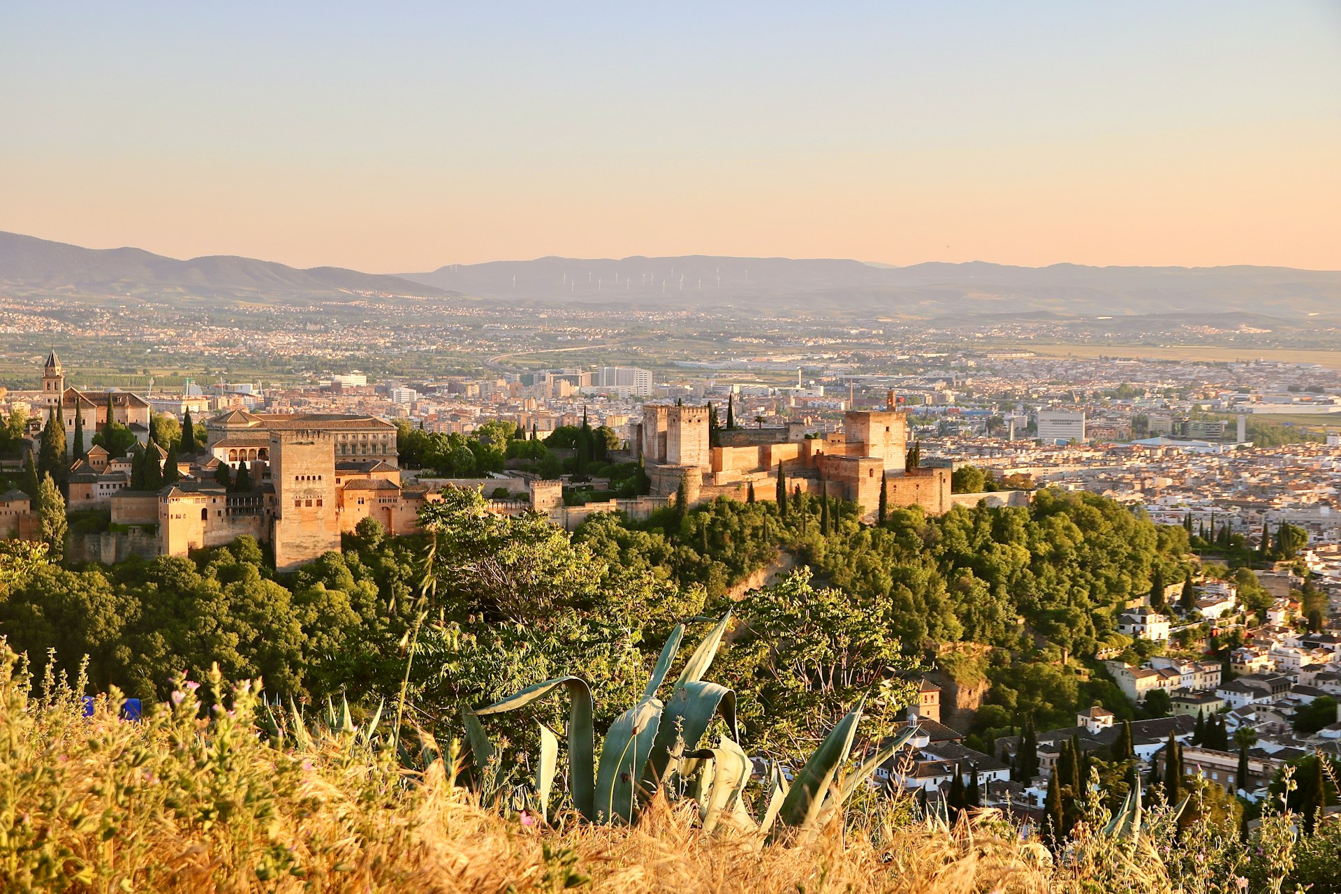 A panoramic view of the Alhambra fortress complex sitting on a green hill with the city of Granada in the background.